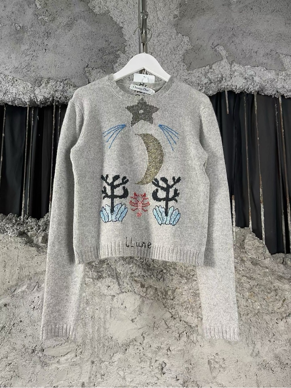 🚩steal Dior Light Gray Embroidered Lune Wool Crewneck Sweater